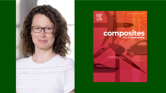 Photograph of Soraia Pimenta with a front cover of the Composites Part B Journal
